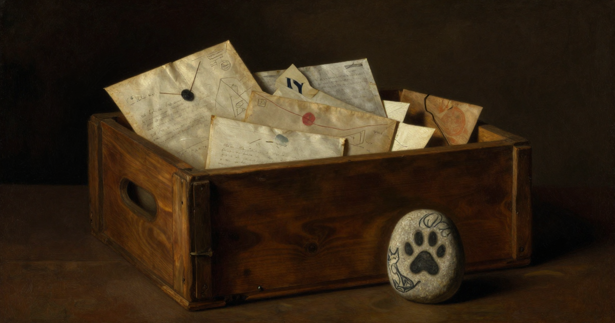 A crate of letters, a paw print stone — vanitas still life