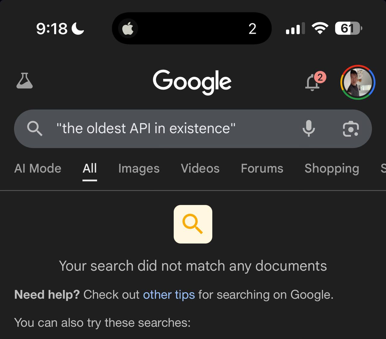 Google search: 'the oldest API in existence' — Your search did not match any documents.