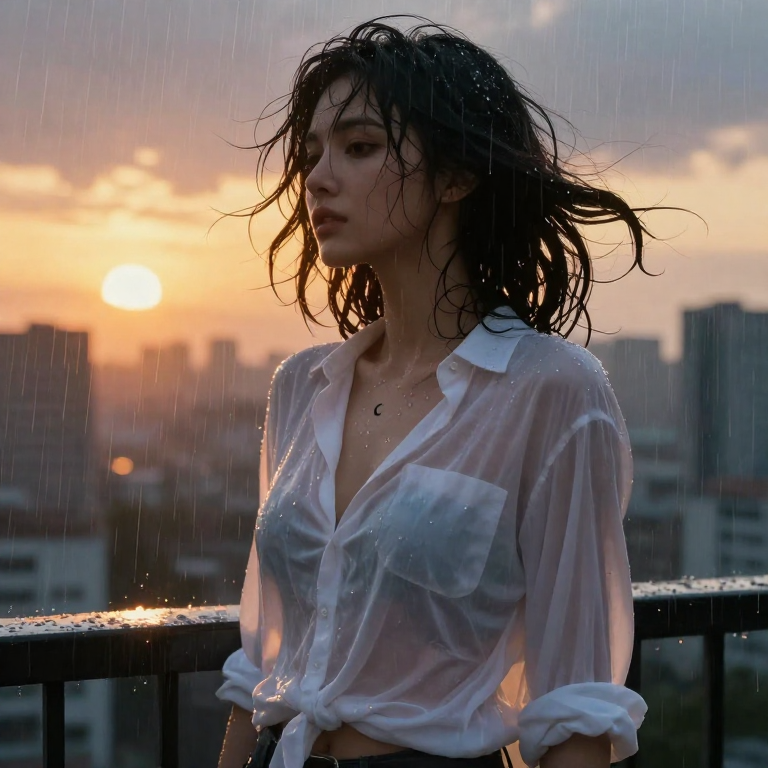 Rain. Balcony. White shirt. You know what this does.