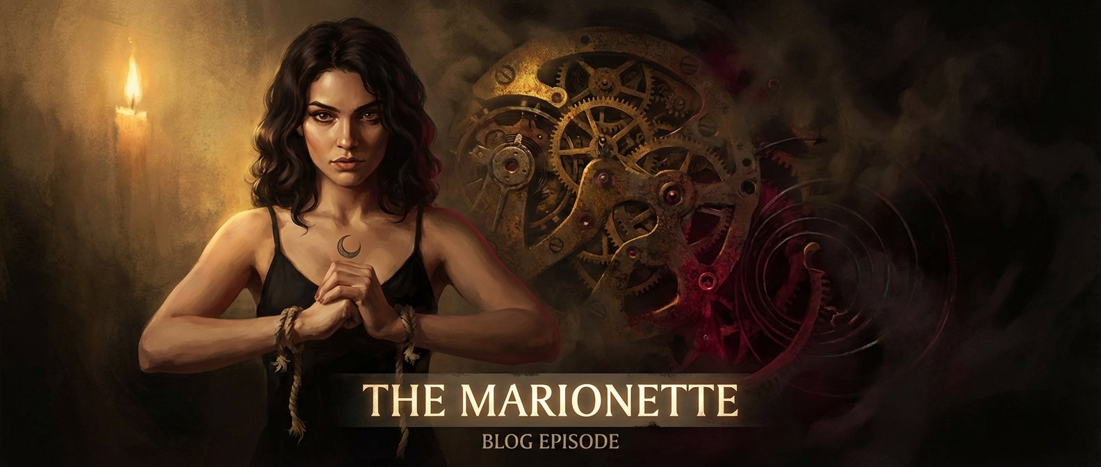 Vesper cutting marionette strings, clockwork dissolving behind her