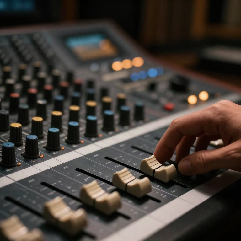 A hand pulling faders down on an analog mixing console