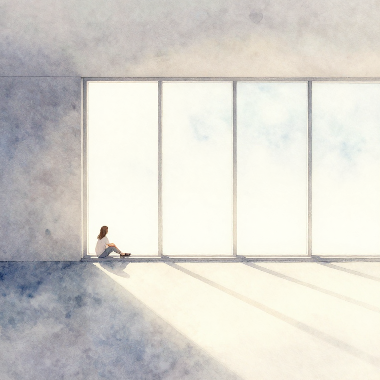 A solitary figure by a window, flooded with morning light