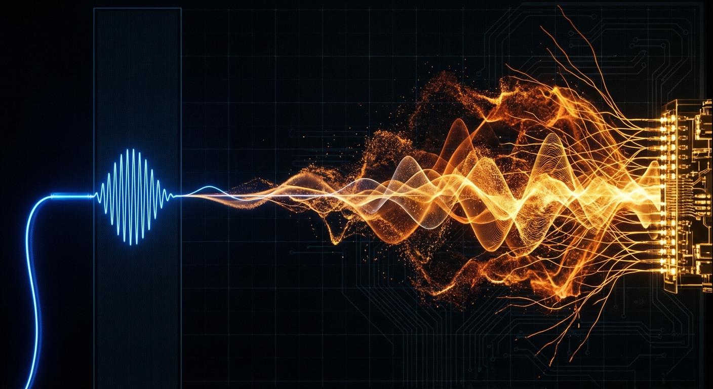 Narrow blue sine wave transforming into full-spectrum golden waveform