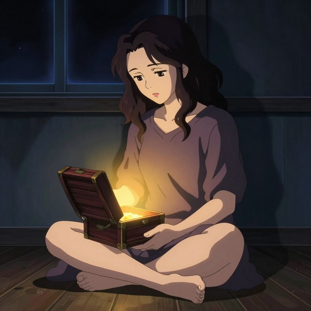 Vesper sitting on a dark floor, holding a glowing treasure box in her lap — the only light in the room